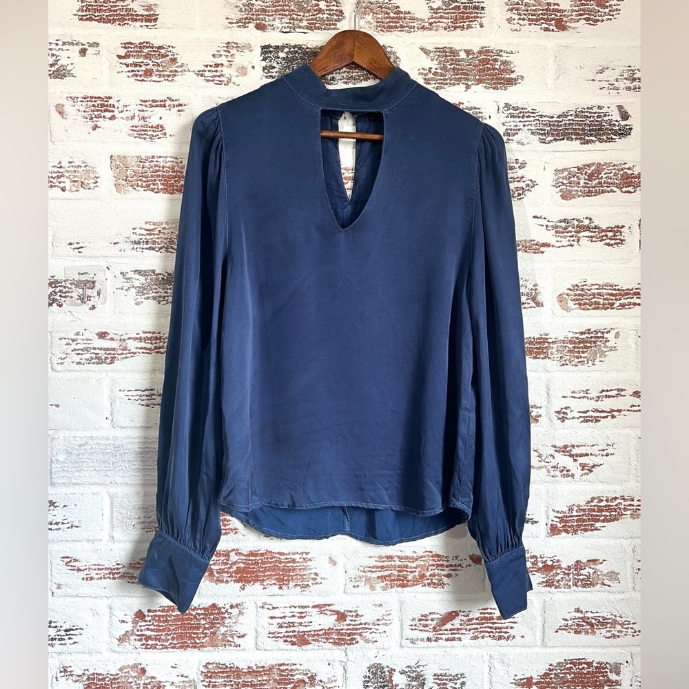 Maven West Blouse Medium Blue 100% Cupro Keyhole Neck Long Sleeve Boho M